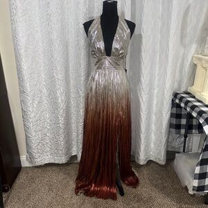 NY & Company Silver Bronze Halter Formal Dress Slit Medium Lightweight Gown